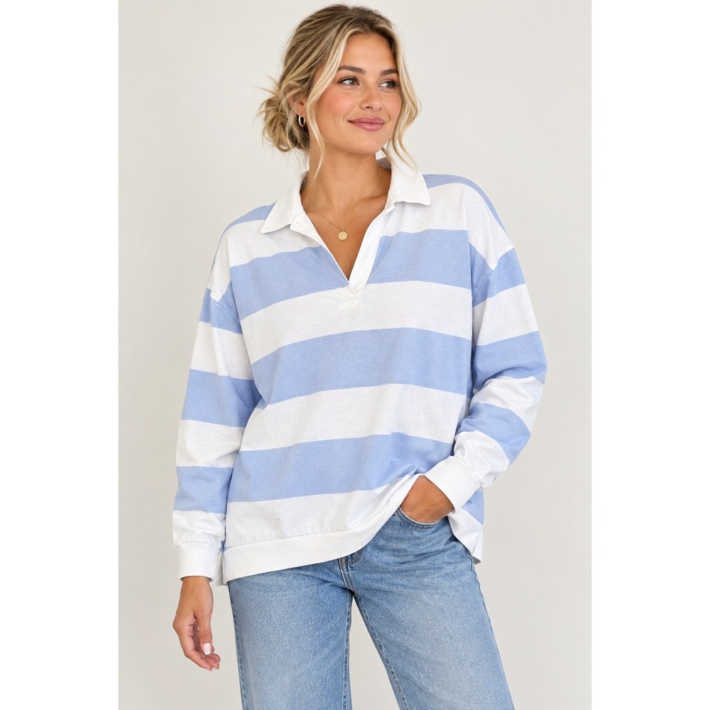 Old Navy Womens XL Blue White Striped Long Sleeve Rugby Polo Shirt 863338-02
